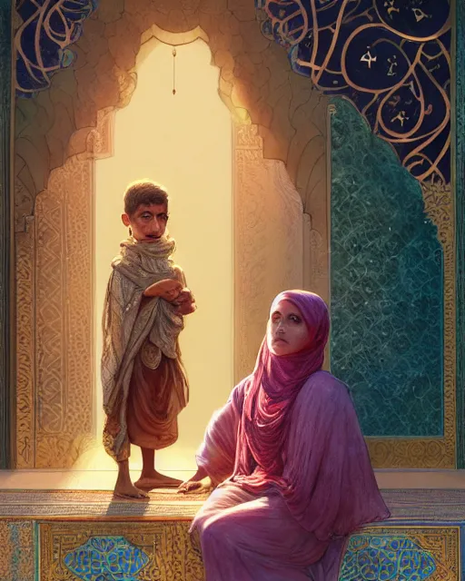 Image similar to a faceless bedouin child infront of a big open quran highly detailed, gold filigree, romantic storybook fantasy, soft cinematic lighting, award, disney concept art watercolor illustration by mandy jurgens and alphonse mucha and alena aenami, pastel color palette, featured on artstation