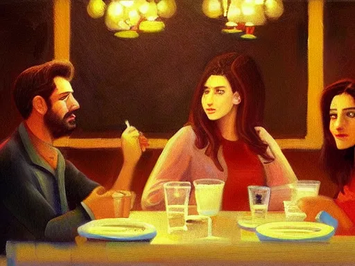 Image similar to masterpiece painting by salman toor, of a guy and a girl on a date in a restaurant, cinematic light, renaissance, atmospheric effects, artstation