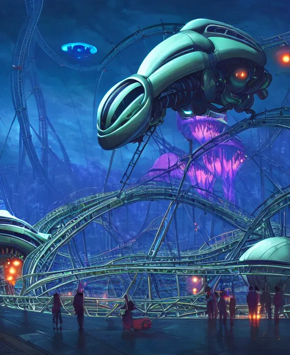 Image similar to a roller coaster made out of alien creatures, biological, in the style of an asymmetrical spaceship, surrounded by fireflies, somber, by dan mumford, yusuke murata, makoto shinkai, ross tran, cinematic, unreal engine, cel shaded, featured on artstation, pixiv