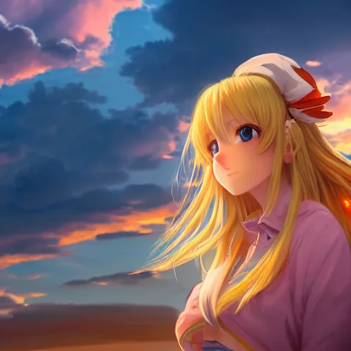 Image similar to blonde - haired princess, anime princess, wearing casual clothing, golden hour, partly cloudy sky, red clouds, orange sky, strong lighting, strong shadows, vivid hues, ultra - realistic, sharp details, subsurface scattering, intricate details, hd anime, 2 0 1 9 anime