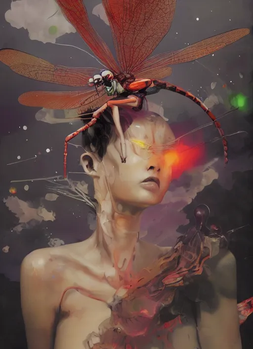 Prompt: surreal gouache painting, by yoshitaka amano, by ruan jia, by Conrad roset, by good smile company, detailed anime 3d render of a Colorful Giant dragonfly sitting on a DJ mixer, portrait, cgsociety, artstation, rococo mechanical and electronic, dieselpunk atmosphere