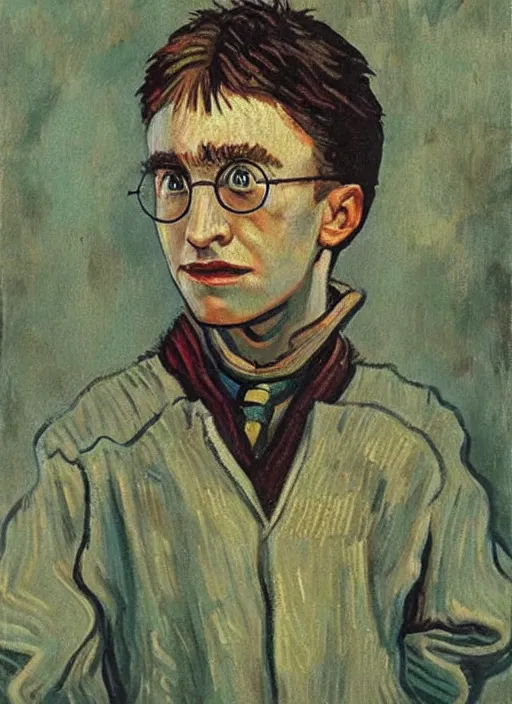 Image similar to lifelike oil painting portrait of harry potter by van gogh