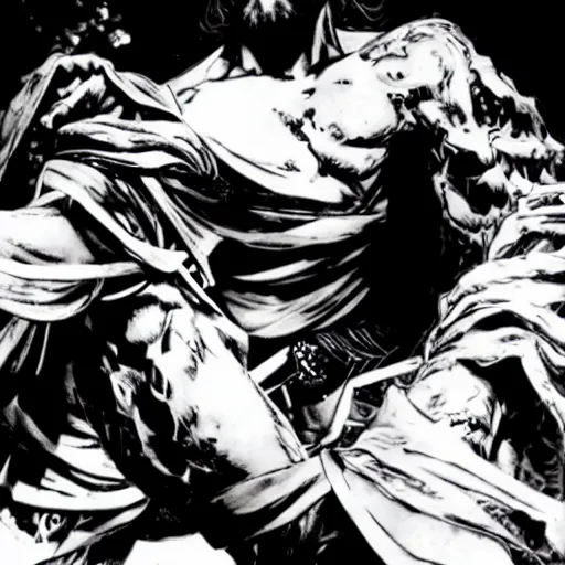 Prompt: jesus in a jojo pose, artwork by yoji shinkawa and shinkiro