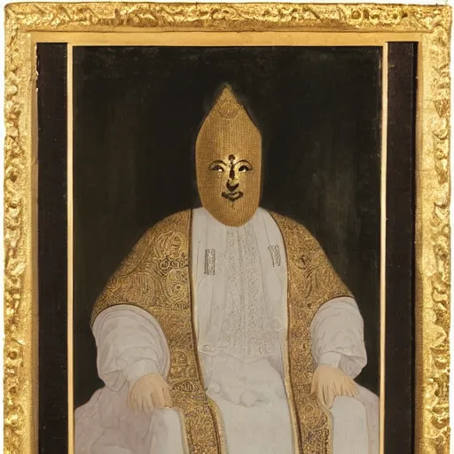 Prompt: Man in white imperial clothing, sitting in a large throne, mantle, gold mask