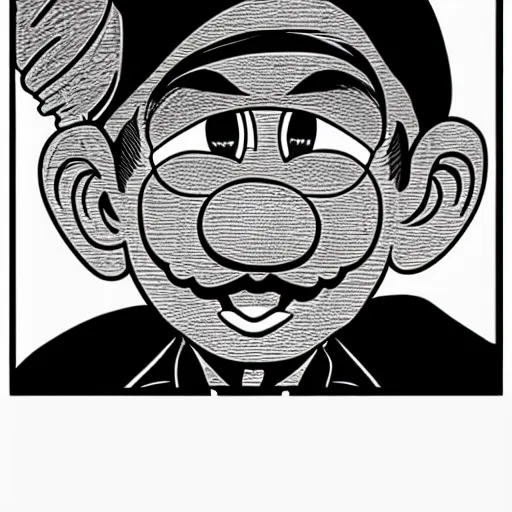 Image similar to Super Mario portrait in the style of Junji Ito. Manga. Black & White. Gothic. Horror. Exquisitely detailed. 4K.