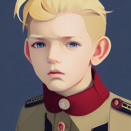 Image similar to portrait of blonde little boy wearing nazi uniform by ilya kuvshinov and anna dittmann and studio ghibli and wlop and rossdraws, digital art, trending on artstation, anime arts, featured on pixiv, red lighting, hd, 8 k, highly detailed, good lighting, beautiful, epic, masterpiece, nazi chiq