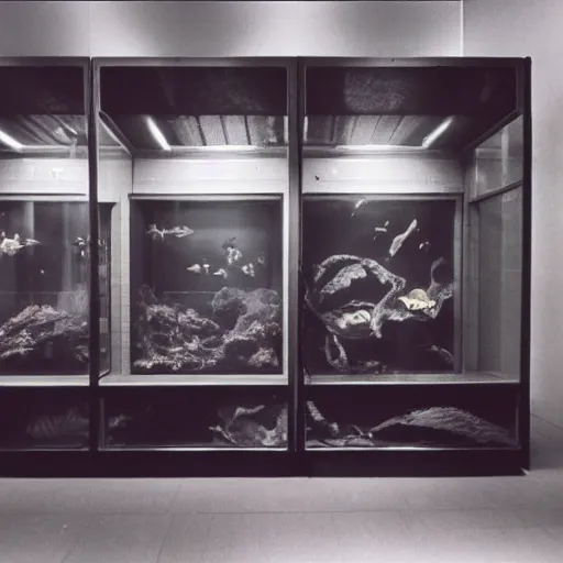 Image similar to spooky creepy liminal space, display case, aquatic exhibition science museum, dried aquarium, computer screens, photo taken on 1 9 8 0 s fujifilm superia