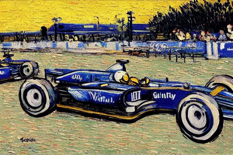 Image similar to formula 1 racing as painted by van gogh, detailed, wet brush, poster art