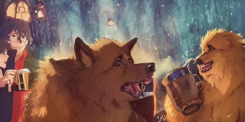 Image similar to a two german shepherds beast - men, holding a mug of beer, a lot of pockets, fur cape, tavern background, magical, bright, colorful, fantastic lighting, amazing details, 4 k uhd, illustration by hayao miyazaki and makoto shinkai and ilya kuvshinov, artstation, pixiv,