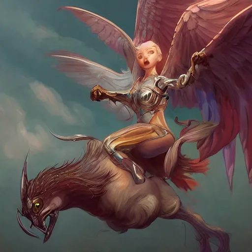 Image similar to Art station concept of a beautiful girl riding a gryphon, symmetrical face, smooth body features, by Stanley Artgerm Lau, WLOP, Rossdraws, James Jean, Andrei Riabovitchev, Marc Simonetti, and Sakimichan, trending on artstation