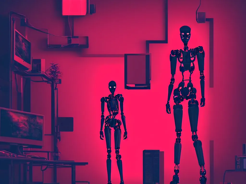 Prompt: beautiful tall female robot printed with red and black 3 d geometrical neon guarding a wall of computers!!!!!!!!!! + flowering vaporwave orchids!!!, clean linework, dramatic, uncanny valley, insanely detailed, 4 k, trending on artstation, photorealistic, award winning, rule of thirds, volumetric lighting, octane render
