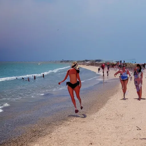 Image similar to a press photography tourists escaping a Crimean beach ⛱️ , explosions in the background, dark smoke in the distance, blue sky