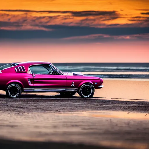 Image similar to long shot of 1967 Ford mustang Shelby GT500 in pink color at sunset in front a beach, 8k, amazing reflection of the beach on the car, UHD Photography