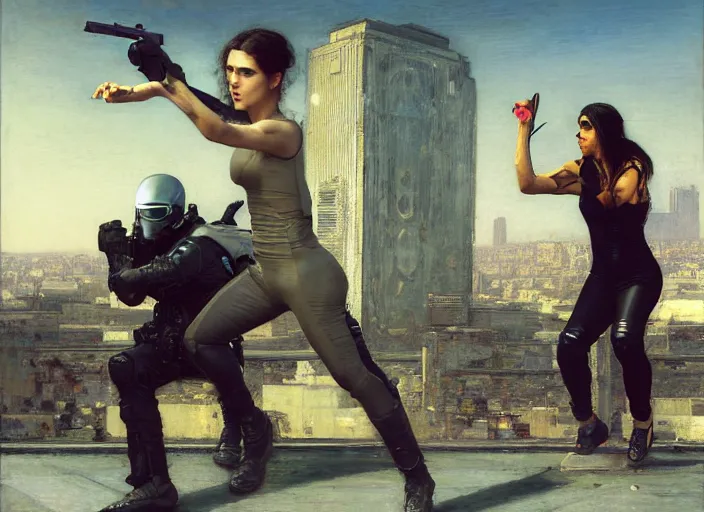 Image similar to Elisa evades sgt Nash. Cyberpunk hacker in jumpsuit escaping menacing police troopers (blade runner 2049). beautiful face. rooftop free running. Iranian orientalist portrait by john william waterhouse and Edwin Longsden Long and Theodore Ralli and Nasreddine Dinet, oil on canvas. Cinematic, hyper realism, realistic proportions, dramatic lighting, high detail 4k