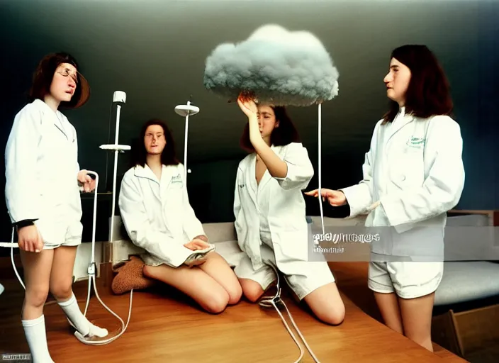 Prompt: realistic photo of a three young female scientists wearing white shorts, faces hidden veil, watching at a levitating fluffy furry cloud, in a living room sci - fi laboratory with many wooden gadgets made of wood interior is made of wood 1 9 9 0, life magazine reportage photo, natural colors