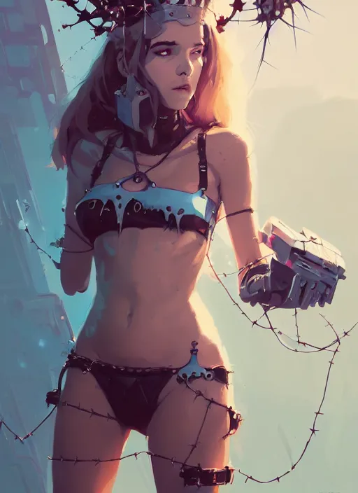 Image similar to portrait of cute maiden girl with crown of thorns in cyber bikini armor, warhammer, cyberpunk, by atey ghailan, by greg rutkowski, by greg tocchini, by james gilleard, by joe fenton, by kaethe butcher, dynamic lighting, gradient light blue, brown, blonde cream and white color in scheme, grunge aesthetic
