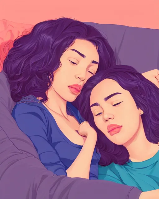 Prompt: beautiful colorful portrait of a mixed race lesbian couple cuddling on the sofa, 2 8 4, romantic, highly detailed, smooth, stylized, medium shot, vector line art, clean cel shaded vector art, by lois van baarle, ross tron, artgerm, helen huang, makoto shinkai, ilya kuvshinov, rossdraws