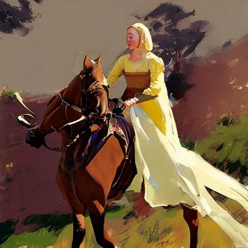 Image similar to portrait of woman wearing medieval clothing on horseback galloping, detailed by greg manchess, craig mullins, bernie fuchs, walter everett