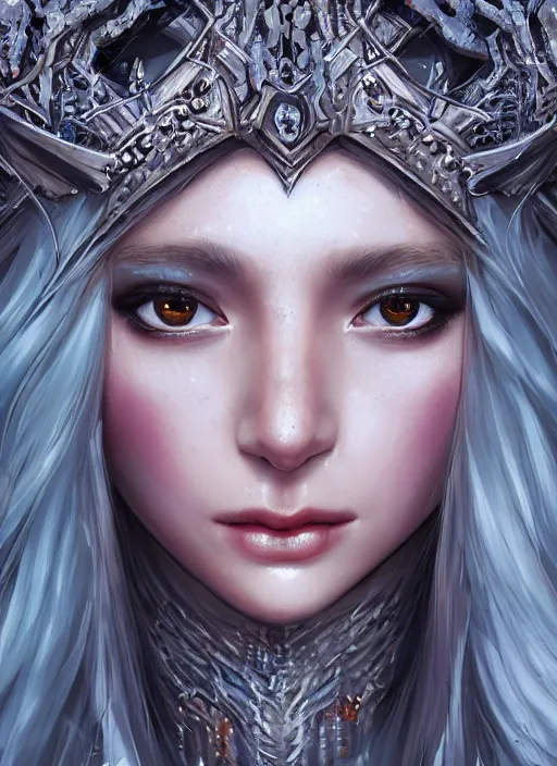 Prompt: up close portrait of a beautiful winter priestess, d & d, face, fantasy, intricate, elegant, highly detailed, digital painting, artstation hq, concept art, smooth, sharp focus, 4 k uhd, illustration, art by artgerm and jeehyung lee, trending on artstation, unreal engine 5 highly rendered