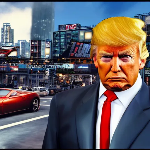 Image similar to donald trump as a GTA style character on a loading screen, 4k, high detail, high-resolution photograph, professional photography, ultra-detail