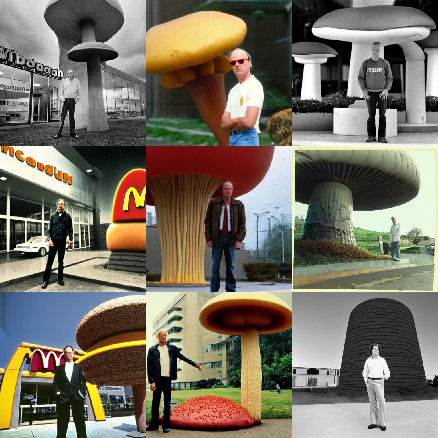 Prompt: Michael Keaton standing in front of big large building Mcdonalds Restraunt gigantic fungus mushroom, one point perspective, cinematic, low angle ,wide angle 1981