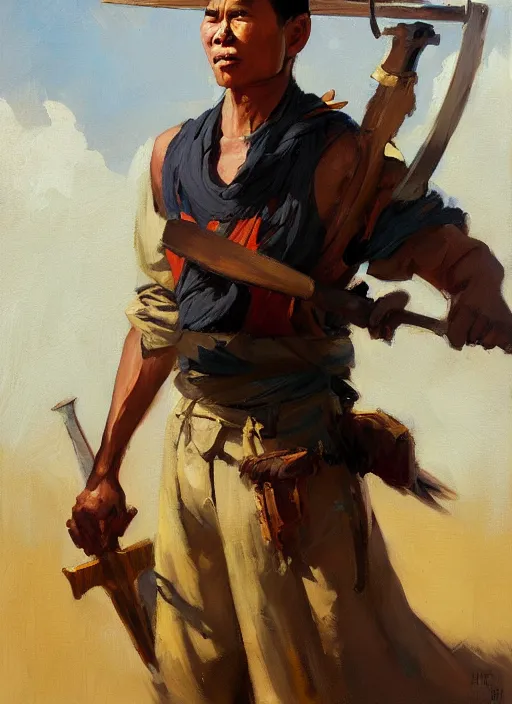 Image similar to greg manchess portrait painting of a filipino man holding a sword sitting on a tank, asymmetrical, profile picture, organic painting, sunny day, matte painting, bold shapes, hard edges, street art, trending on artstation, by huang guangjian, gil elvgren, ruan jia, randy vargas, greg rutkowski