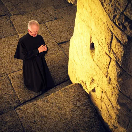 Image similar to An old and friendly looking catholic priest kneeled in prayer at the summit of a tall tower. The night sky is filled with a yellow shadow. 4K, photorealistic, dramatic lighting