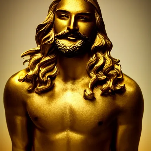 Image similar to a flawless, purely golden sculpture of a man with long hair, with trimmed beard, smiling widely, casting golden light. entirely golden statue, extremely detailed, full-body statue, award-winning art, trending on Artstation