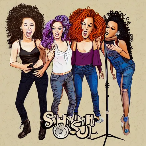 Prompt: illustration of a pop rock music group named'shiny souls'with two woman singers with blonde hair and one woman singer with brown curly hair singing in front of the crowd, aerial view, digital art