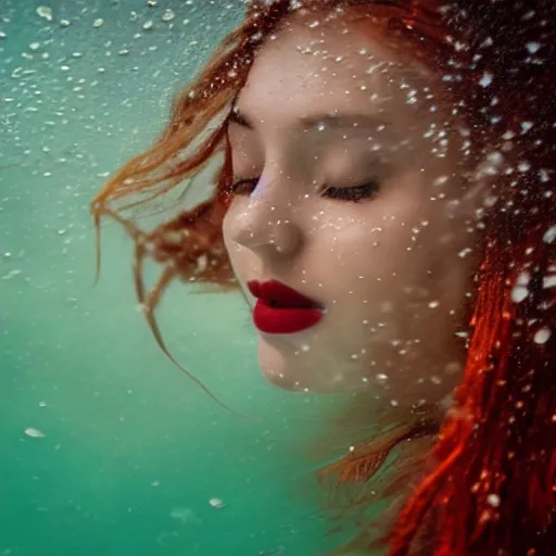 Prompt: !dream medium close up cinematic of a beautiful teen completely underwater wearing a floral sundress, eyes closed, bright red lipstick, sinking as if drowing, motion blur, long exposure. Seed image is [3790640580, 3580780586]