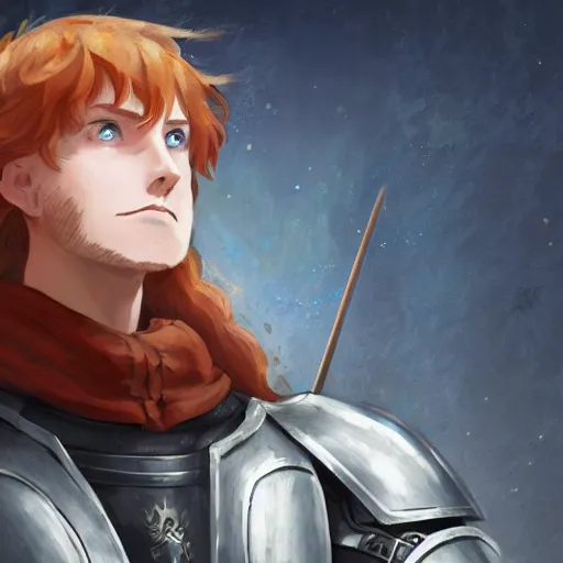 Image similar to portrait of a redheaded man with blue eyes and wearing a armor, medieval background, highly detailed, digital painting, artstation, matte, by makoto shinkai, animation style, studio ghibli, anime key visual