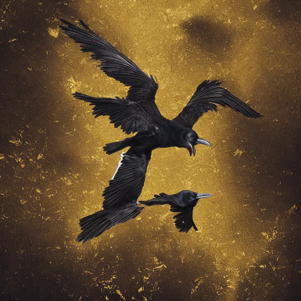 Prompt: Raven with wings made of gold leaf, white background, octane render, dramatic, depth of field