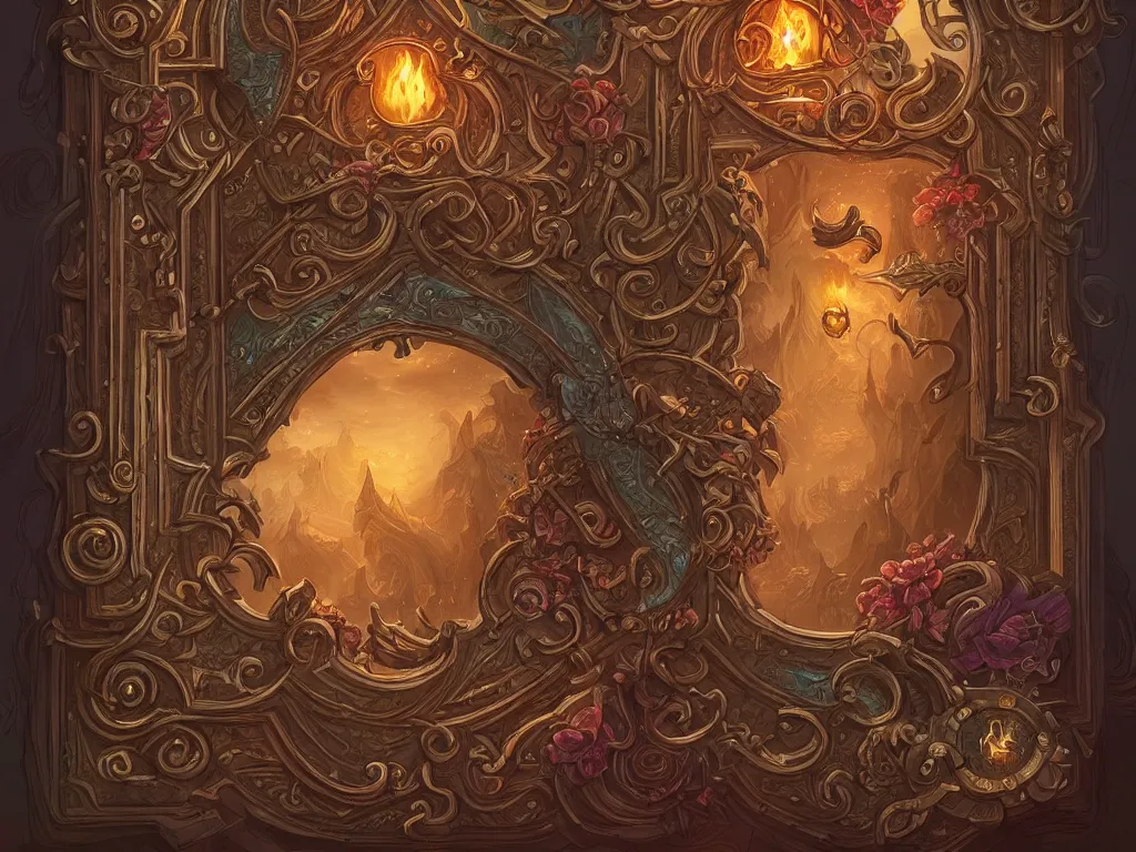 Image similar to book decorative border frame, d & d, fantasy, intricate, elegant, highly detailed, digital painting, artstation, illustration, hearthstone