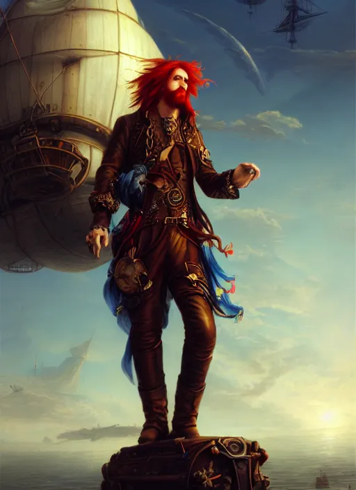 Image similar to portrait painting of a long haired, red headed male sky pirate in front of steampunk airship by raphael lacoste and stephan martiniere fantasy soft hair trending on artstation key art dramtic volumetric lighting, 4 k, award winning