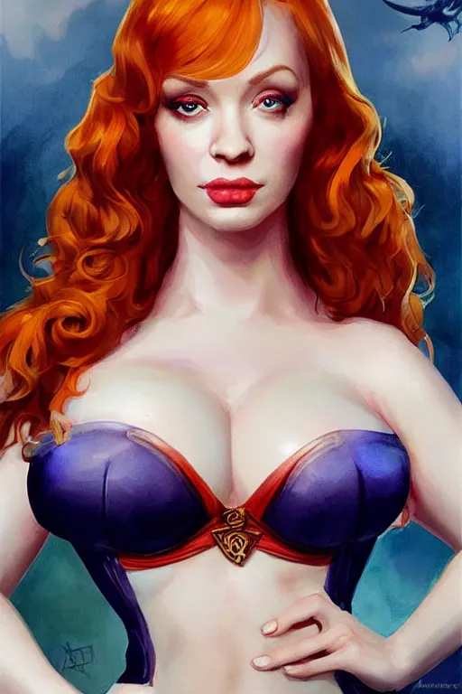 Prompt: frontal standing pose portrait of Christina Hendricks as a sensual Sabrina the Teenager Witch, very beautiful young woman, ginger straight hair, Victorian-era push-up underwire. Intricate, concept art, magic mystique imagery themed, D&D!, fantasy style, sharp focus!, ultra detailed, art by Artgerm and Peter Andrew Jones, WLUP, Magali Villeneuve