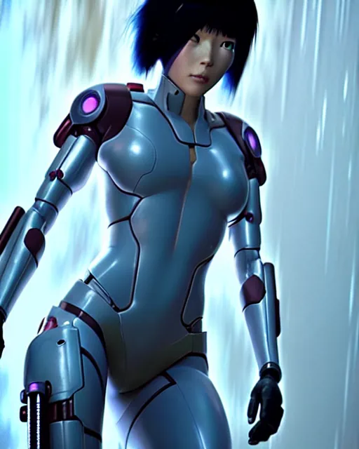 Image similar to weta disney pixar movie still portrait photo of motoko kusanagi ghost in the shell : : as cyborg woman by pixar : : by weta, wlop, ilya kuvshinov, rossdraws, artgerm, marvel, maxim cover, latex, octane render, sweaty, iridescent, bright morning, anime, liosh, mucha : :