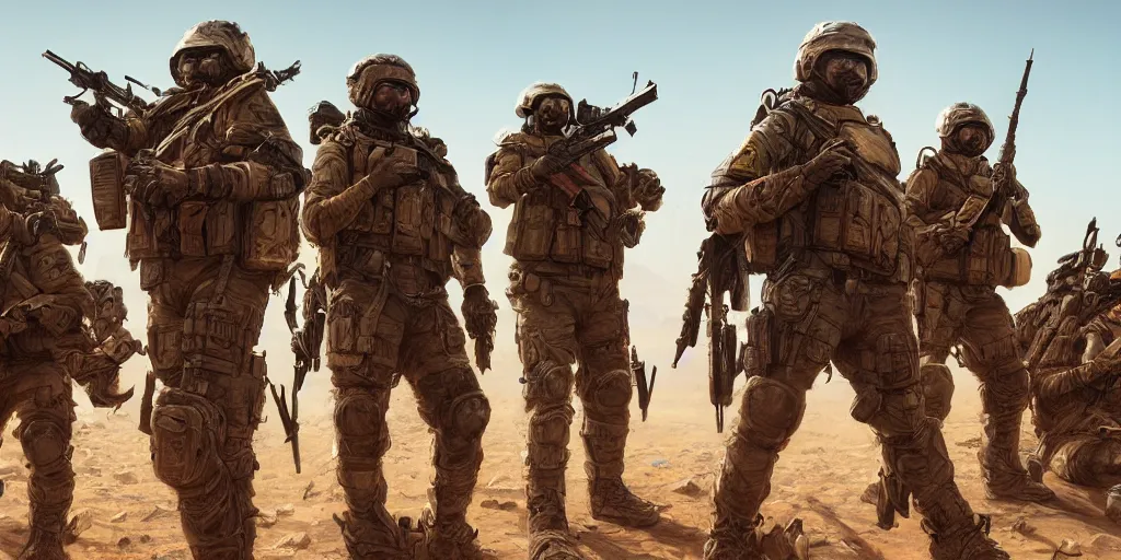 Image similar to highly detailed image of a tactical squad of hamsters holding rifles, in a desert, stephen bliss, unreal engine, fantasy art by greg rutkowski, global illumination, detailed and intricate environment