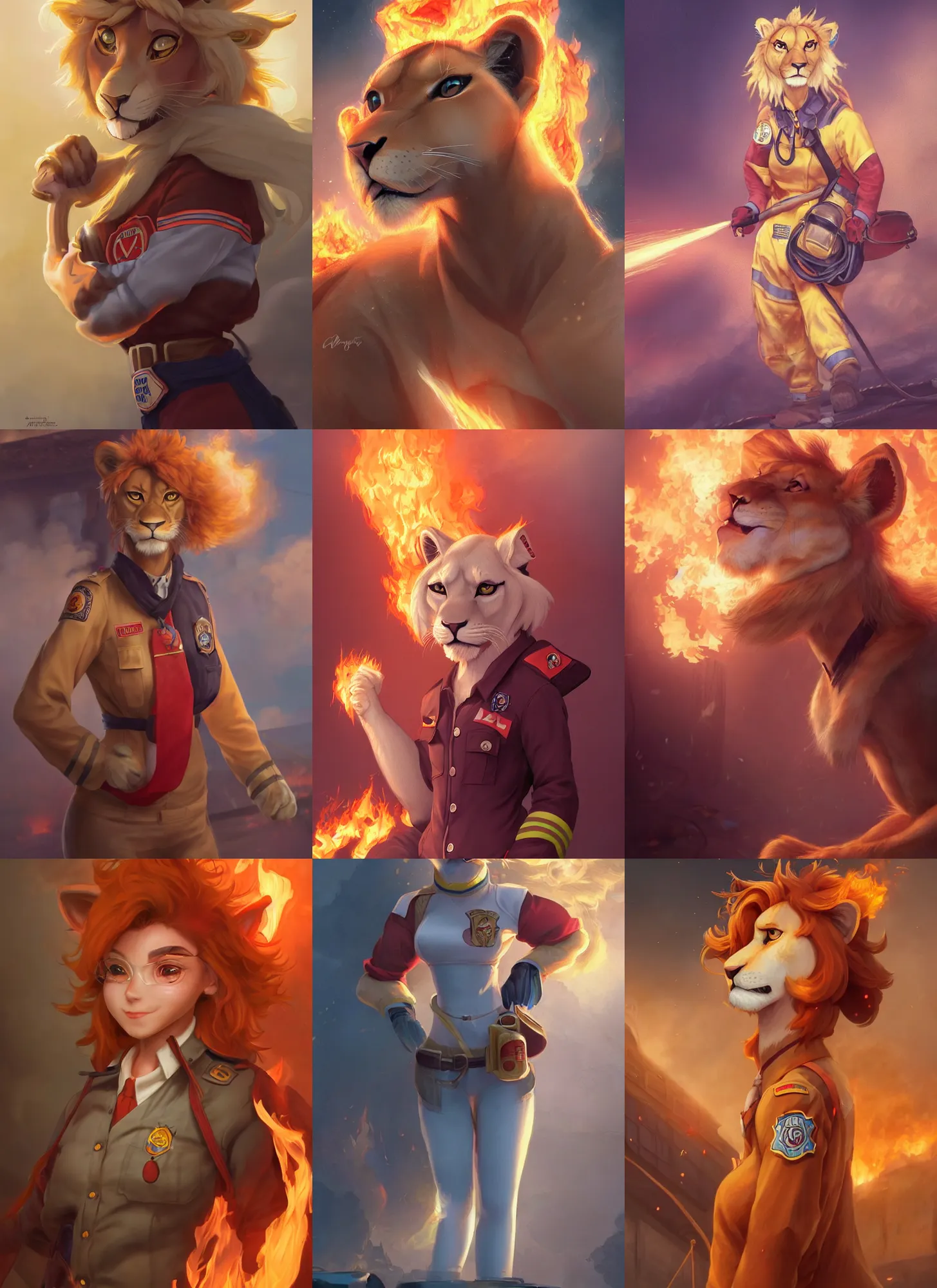 Prompt: beautiful portrait of a female anthropomorphic lioness fursona wearing a firefighter uniform at a burning building. character design by disney, charlie bowater, ross tran, artgerm, and makoto shinkai, detailed, soft lighting, rendered in octane