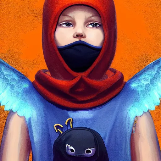 Image similar to baby Angel, baby cherub,wearing angel halo, ski mask, balaclava, face covered, wearing angel halo covered face, orange hoodie, hip hop, multiple golden necklaces, fantasy art apex fortnite Video game icon, 2d game art gta5 cover , official fanart behance hd artstation by Jesper Ejsing, by RHADS, Makoto Shinkai and Lois van baarle, ilya kuvshinov, rossdraws