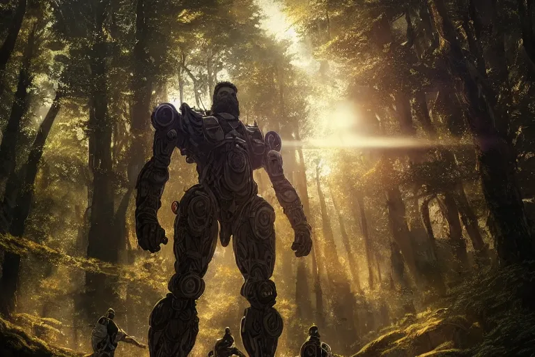 Image similar to detailed intricate digital illustration by greg rutkowski and artgerm and wlop and sanford robinson gifford ; bearded man standing next to his mech suit, standing in yggdrasil forest thick trees ; 1 3 mm film, arri alfa anamorphic lens ; sharp focus, golden hour lighting, gleaming sunlight rays ; trending on artstation 4 k ; close view