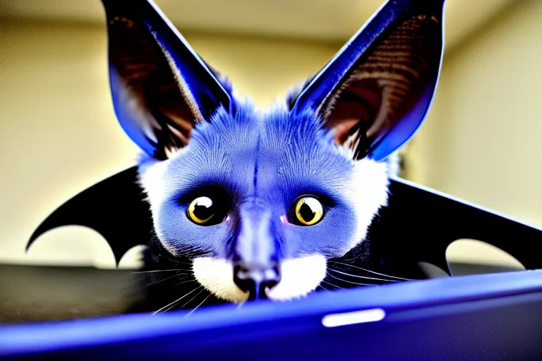 Image similar to a blue - and - black male catbat fursona with blue / green heterochromatic eyes and huge bat ears, photo of the catbat on his computer