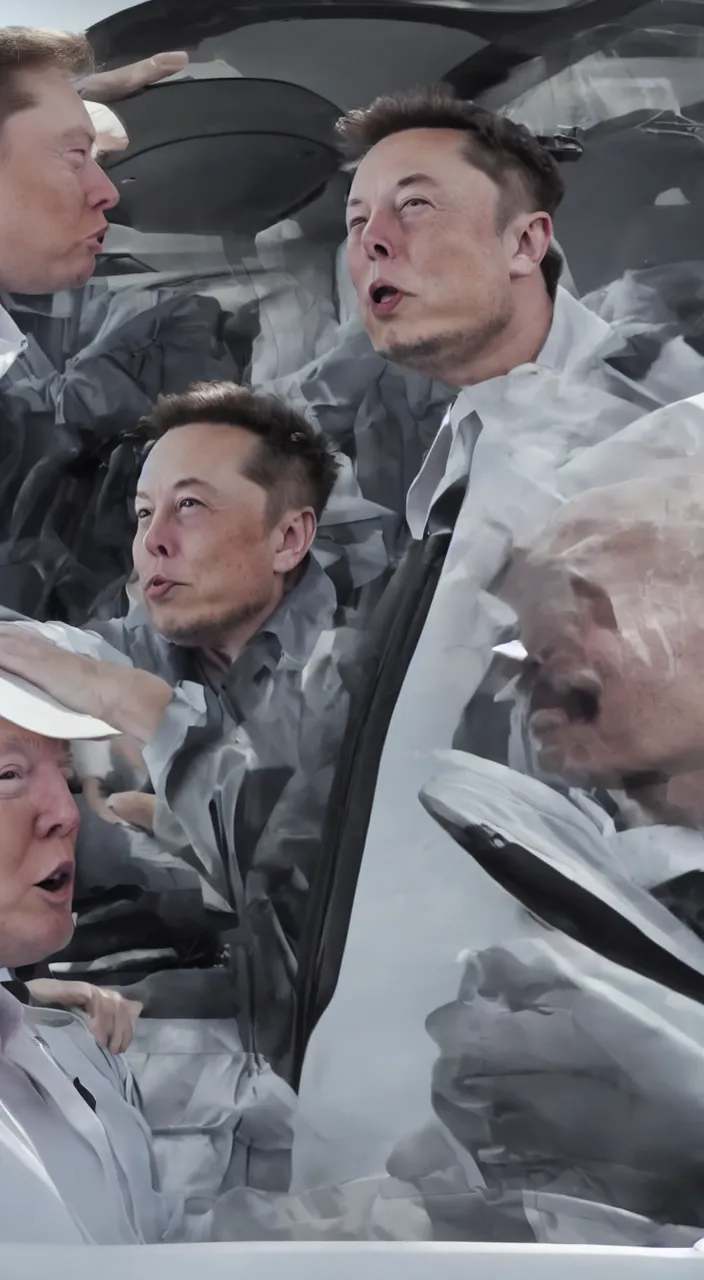 Image similar to elon musk making out with donald trump in the backseat of a tesla cybertruck. cinematic 8 k, depth of field.