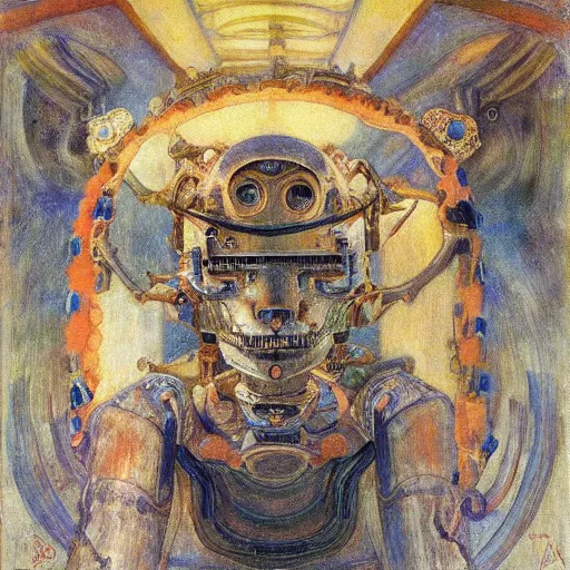 Image similar to the robot wearing the bone crown, by Annie Swynnerton and Diego Rivera , symbolist, dramatic lighting, elaborate geometric ornament, Art Brut, soft cool colors,smooth, sharp focus, extremely detailed, Adolf Wölfli and (Donato Giancola)