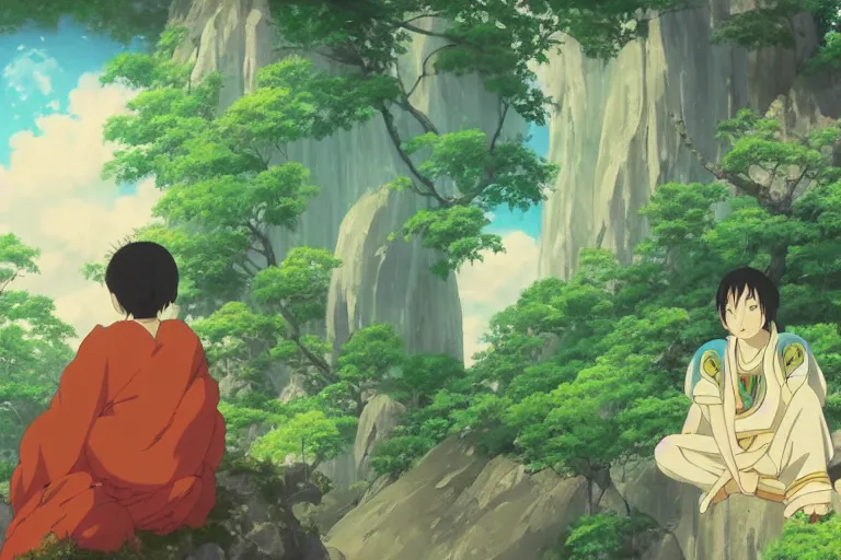 Image similar to painting of a dreamscape, a smiling bodhisattva in the foreground, otherworldly and ethereal by kazuo oga in the anime film by studio ghibli, screenshot from the anime film by makoto shinkai