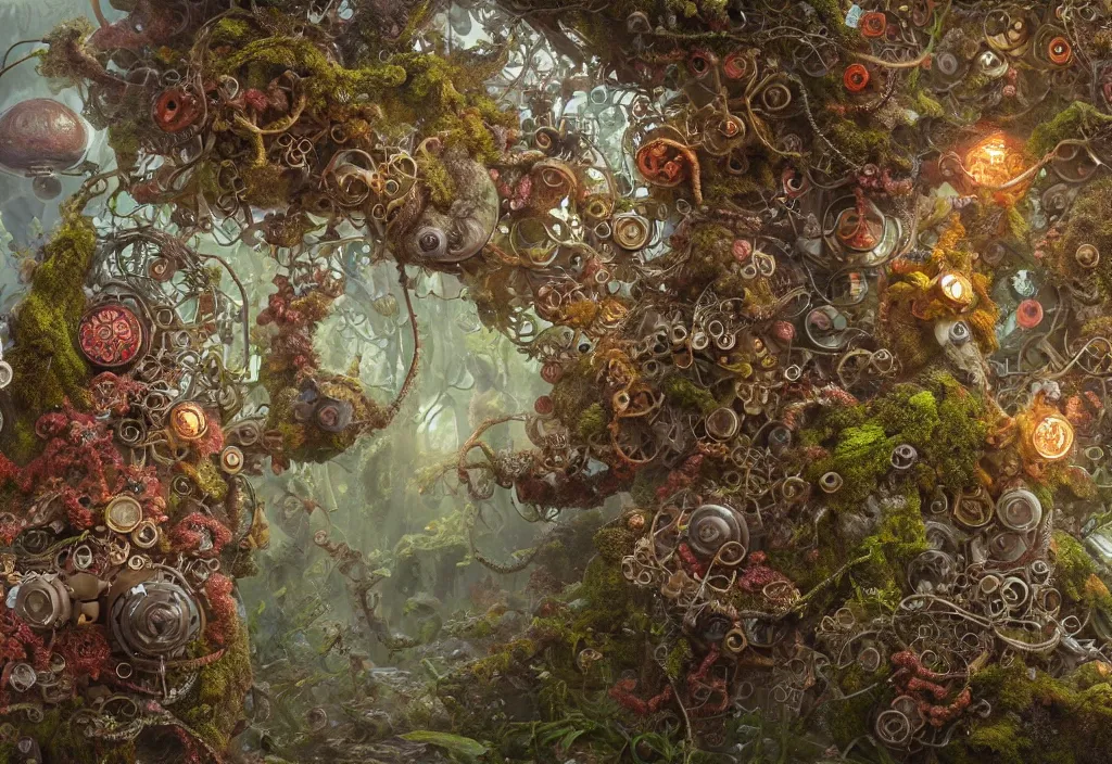 Image similar to illustration and highly detailed render of a strange moss fungus and coral creature, tendrils, steampunk, biological machinery, microbiological environment, ultra realistic, concept art, intricate details, cheerful, highly detailed, photorealistic, octane render, 8 k, unreal engine. art by hr guger and artgerm and greg rutkowski and alphonse mucha