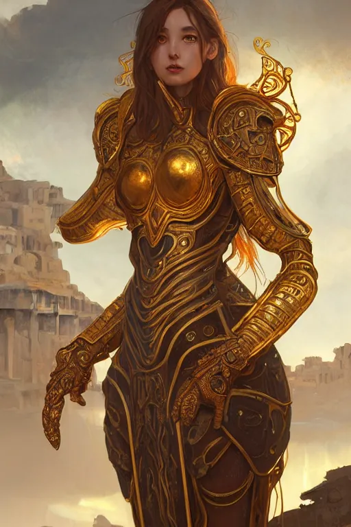 Prompt: portrait knights of Zodiac girl, golden and copper reflected armor, in ruined Agora of Athens Sunrise, ssci-fi and fantasy, intricate and very very beautiful and elegant, highly detailed, digital painting, artstation, concept art, smooth and sharp focus, illustration, art by tian zi and WLOP and alphonse mucha