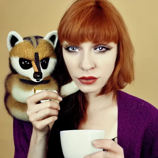 Image similar to a photo by arbus of a slender beautiful woman with straight ginger hair and bangs, wearing purple leathers and gold helmet, posing with large ginger tabby and raccoon on a motorcycle in her front yard, holding coffee mug and toasted brioche bun, fashion photography, dramatic lighting, 8 5 mm lens