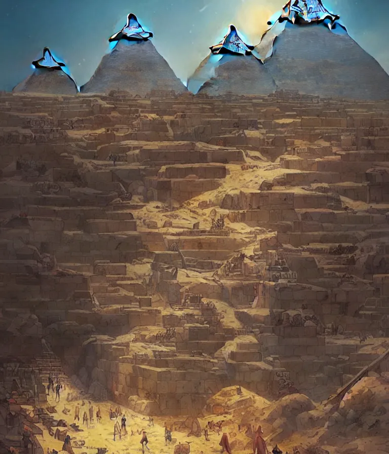 Image similar to pyramids of giza in perfect condition, concept art, stylized, intricate detail, smooth, sharp focus, colourful, arnold rendering, art by artgerm and greg rutkowski and alphonse mucha,