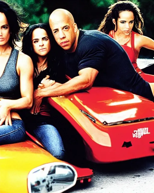 Prompt: Vin Diesel, Michelle Rodriguez, Jordana Brewster and the rest of the cast of the fast and the furious movies riding bumper cars, Photorealistic, Shot I’m the style of Annie Leibovitz