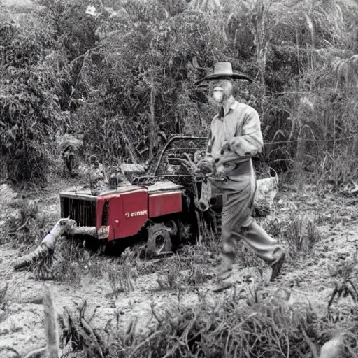 Image similar to a preacher with short cropped hair and a widows peak driving a small red bulldozer through the jungle while a wolfman runs along beside him